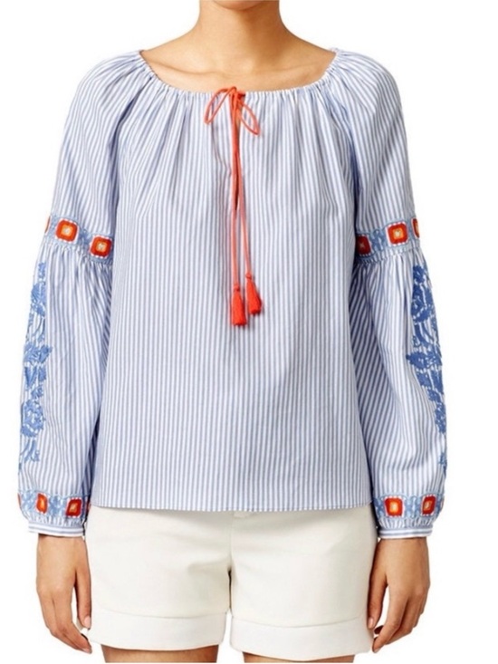 Tory Burch Tops - Tory Burch Light Blue Striped Peasant Blouse with Coral Tassels EUC Size 14